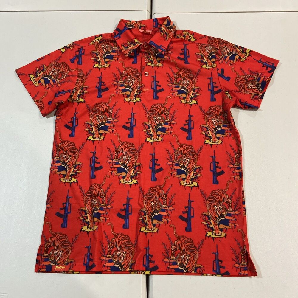 Retro Rifle Tiger Stripe Polo Shirt Mens M Red Short Sleeve Performance Graphic